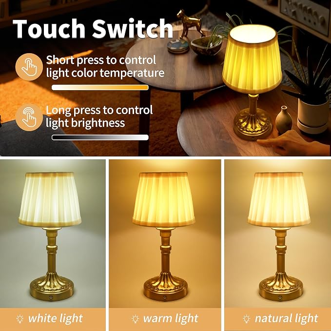 Mr.White Set of 2 Rechargeable Cordless Table Lamp with Fabric Shade, 5200mAh Battery Operated LED Table Light, for Restaurant Kitchen Patio Dinner Dining (Bronze)