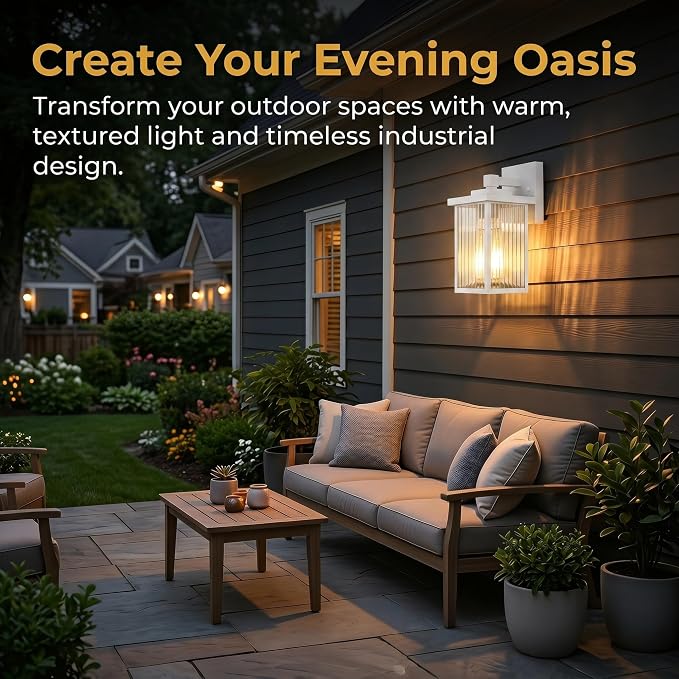 2 Pack White Porch Light, Rust-Resistant Outdoor Wall Light | Corrosion-Resistant Metal, Textured Glass Cuts Glare, Easy DIY Install on Porch, Garage