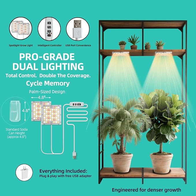 Dual Head Under Shelf Grow Light, Stick On LED Shelf Plant Light with Timer | Dual Head Under Cabinet Grow Light, Full Spectrum 3500K High PPFD LED for Plant Stands, Shelves & Multi-Plant Coverage