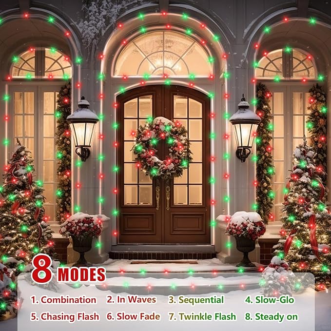 YEGUO Solar Rope Light Outdoor Waterproof, 66ft 200 LED Red and Green String Lights, 8 Modes Tube Christmas Lights in Clear Thin Tube