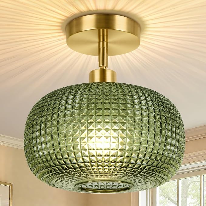 ROTTOGOON Semi Flush Mount Ceiling Light, Adjustable Hanging Gold Sloped Ceiling Lights with Green Glass Shade Vintage Hallway Light Fixtures for Kitchen Bathroom Entryway Bedroom (Bulb Not Included)