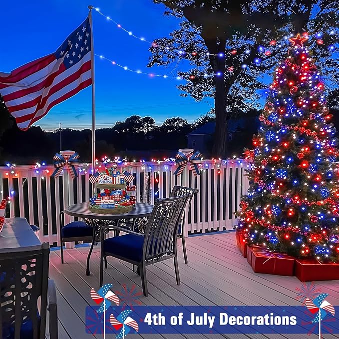JMEXSUSS 200 LED 4th of July Fairy Lights, Red White and Blue Lights Indoor | 8 Modes with Wheel Remote Control Twinkle Patriotic Lights in for Independence Day American Flag Holiday