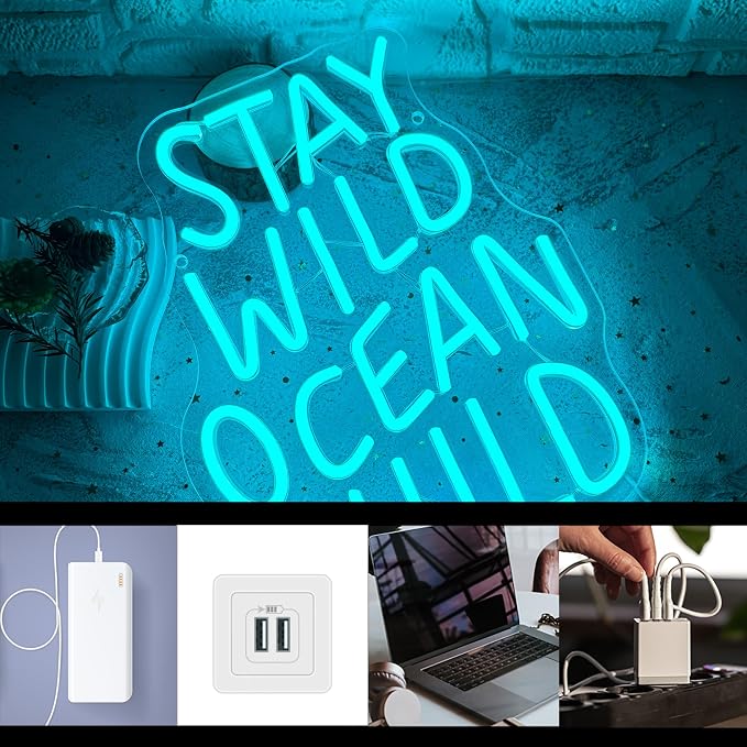Stay Wild Ocean Child Neon Sign, Dimmable LED Kids Room Neon Light, Boho Surf Wall Art Kids Ocean Surf Bedroom Baby Playroom Wall Decor Party Gift(10.2 * 13in)