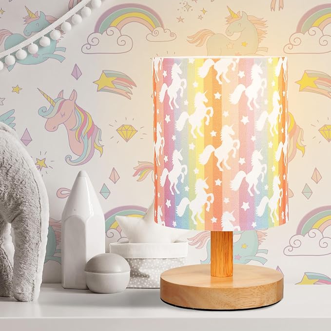 Cute Unicorn Kids Table Lamp for Bedroom Kids Bedside Lamp with Linen Wooden Nightstand Cartoon Nursery Lampshade for Girls Boys Living Room