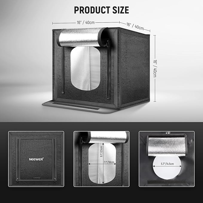 NEEWER 40CM Upgraded Photo Studio Light Box, 16"x16" Portable Folding Photography Lightbox, 4 Backdrops, 5600K 144 LEDs 5310lx/0.5m Dimmable Picture Booth Shooting Tent for Jewelry Electronics, LP40