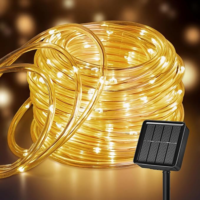 Brightown 39FT 100LED Warm White Solar Rope Lights Waterproof | IP65 waterproof solar fairy lights with 8 lighting modes, solar powered, perfect decor for yard, garden and outdoor tree