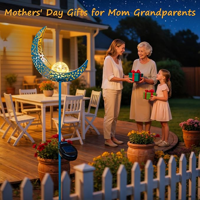Moon Solar Garden Lights Outdoor Stakes, Waterproof Crackle Glass Metal Yard Lights for Lawn, Patio Accessories, Backyard Decor, Birthday Gifts for Mom