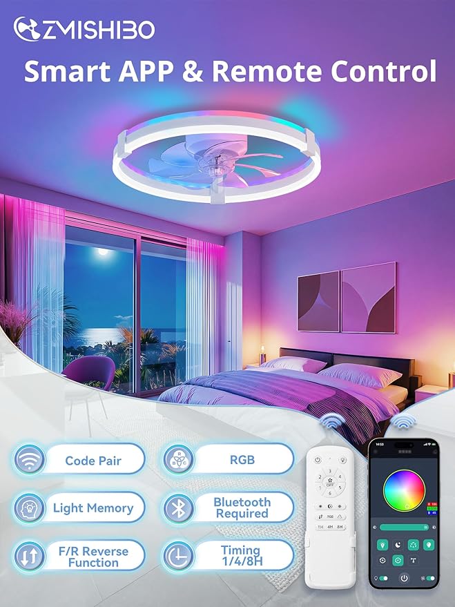 ZMISHIBO 20" RGB Low Profile Ceiling Fans with Lights and Remote, White | Custom RGB+3CCT Dimmable, 6 Speeds, Remote/App Control, Reversible DC Motor, Memory, Timer, Modern Fandelier for Kids/Bedroom