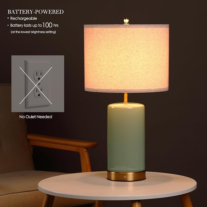 O’Bright Dune - Battery Powered Table Lamp, Rechargeable Cordless Ceramic Lamp, Full-Size 24 Inch Height, 4-Level Dimming, Smart Safety Protection, Type-C Fast Charging, LED Bulb Included, Sage Green