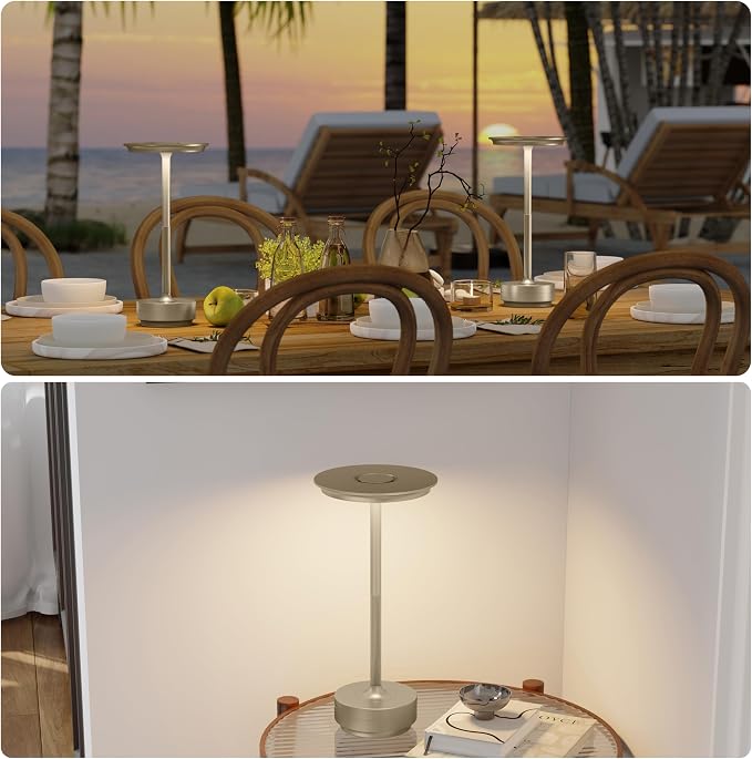 TBBGA 2 Pack Rechargeable Table Lamps Cordless, 5000mAh Outdoor Table Light | 3 Color Stepless Dimming Portable LED Table Lamp with Memory Function, for Home/Dinner/Patio/Restaurant.(Champagne Gold)