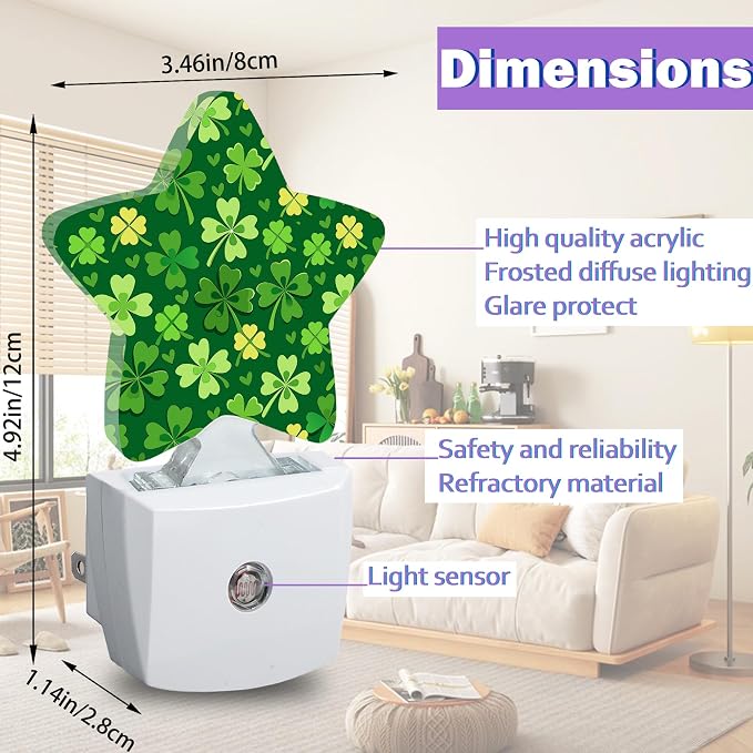Energy Efficient Nightlights Plug in Wall, Green Shamrock Night Light for Kids Bedroom Decorative, Clover Leaf Dusk-to-Dawn Sensor Sleep Friendly Lamp for Nursery Bathroom Basement