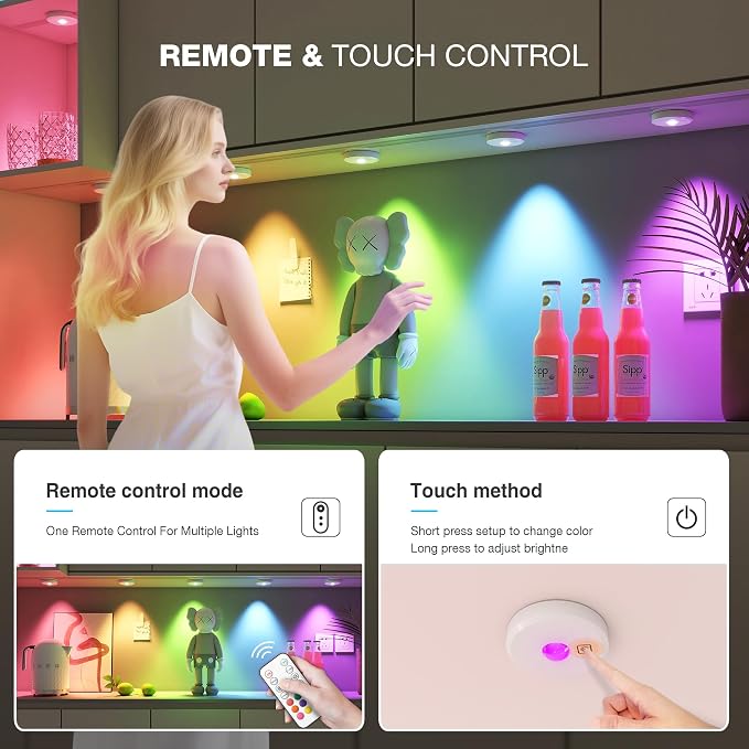 RGB Puck Lights with Remote Control,Under Cabinet Lighting,white,3 PCS | 2000mAh Battery Operated Tap Lights Rechargeable, 9 Colors & 2 Dynamic Changing, Magnetic Stick on Light for Closet