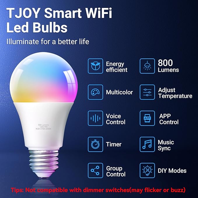 TJOY Smart Light Bulbs, Bluetooth WiFi Led Bulb Compatible with Alexa &Google Assistant, RGB Color Changing Alexa Bulb, 9W(60W Equivalent), A19 E26 800LM, 2.4Ghz WiFi only,2 Pack