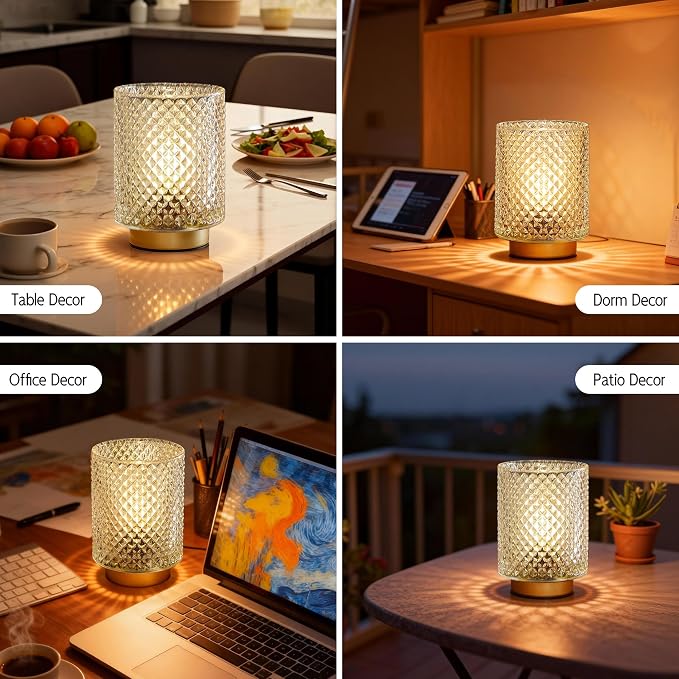 Battery Operated Lamp,Cordless Glass Accent Table Lamp with Timer for Bedside,Small Decorative Lamp with Warm White LED Bulb for Nightstand/Bookshelf/Entryway/Tabletop/Counter Decor(Iridescent Clear)