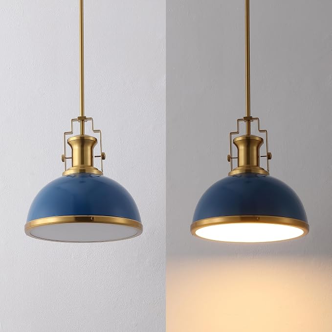 JONATHAN Y Homer Industrial Dome Pendant 13", Navy/Brass Gold | 1-Light, Farmhouse Style, Adjustable Hanging Height, Glass Diffuser, Sloped Ceiling Compatible, Metal, LED Bulb Included