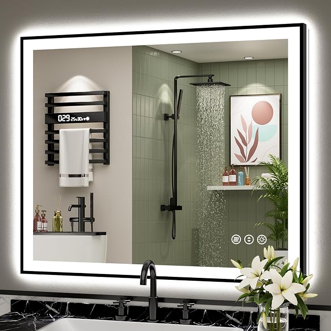40x36 Black LED Bathroom Mirror, Backlit & Front Lit Lighted Mirror | Metal Framed Anti-Fog Vanity Mirror with Lights, 3 Color Dimmable, Memory, Tempered Glass, CRI95, IP54, Horizontal/Vertical