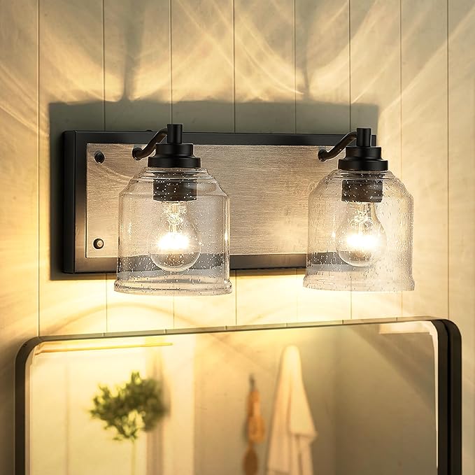 Vanity Lights for Bathroom Large 15.8", Farmhouse Rustic Vanity Light with Bubble Glass Shades, Gray 2 Light Bathroom Lighting Fixtures Over Mirror, Bath Wall Sconce Home Decor