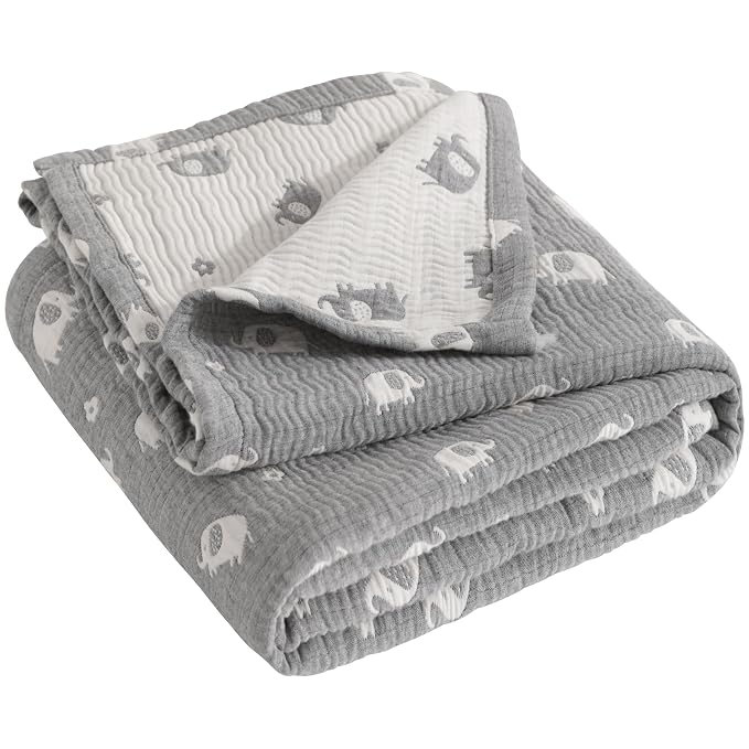 NTBAY 3 Layer Muslin Toddler Blanket, 30 x 40, Dark Grey Elephant | Breathable Muslin Cotton Outer Layers with Light Thermal Fill, Reversible for Stroller, Daycare, Travel, and Supervised Use