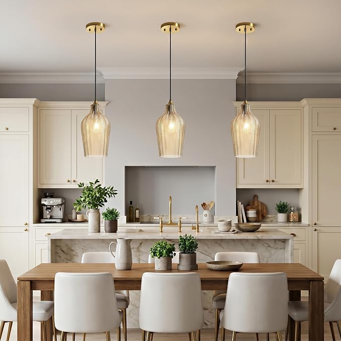 Amber Glass Pendant Lights Kitchen Island Gold Hanging Ceiling Light 6.7" | 1 Pack, Adjustable height, Dimmable, E26 bulbs, Rust-resistant Damp Rated For Bathrooms, 5-Year Warranty, UL Certification