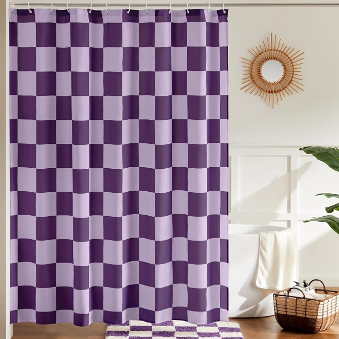 Ohocut Checkered Shower Curtain, Double Purple Plaid Shower Curtains for Bathroom, Cute Retro Checkboard Shower Curtain Vintage Aesthetic, Washable Fabric Bath Curtain 72''x72''