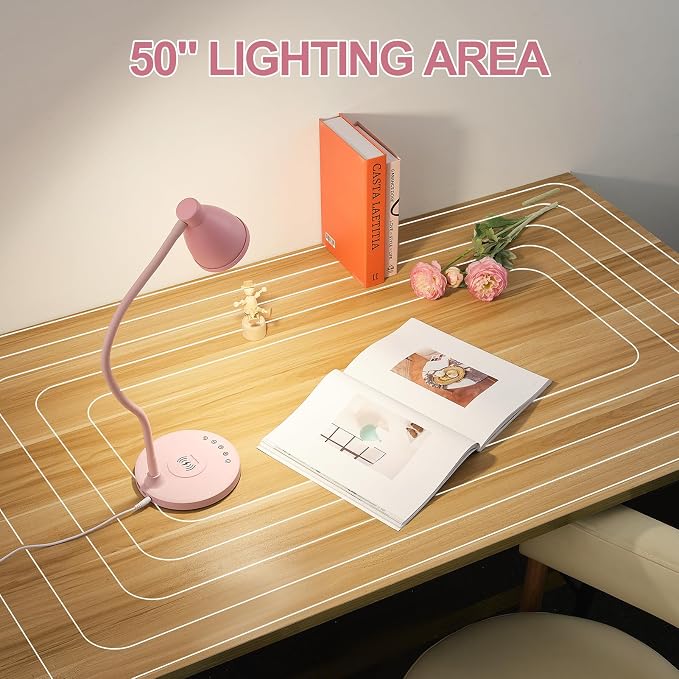 BOHON Cute Desk Lamp for Home Office with USB C+A Charging Port Timer Pink | LED Desk Light with Wireless Charger 5 Colors Stepless Dimming Reading Light Touch Bedside Table Lamp for College Dorm Room