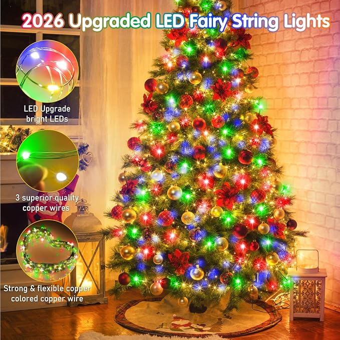 KNONEW 203FT 600LED Green Wire Outdoor Fairy Lights Plug in Multicolor Xmas | Timer,Memory,Dimmable,Remote,Waterproof,Green Wire,Invisible in Greenery,for Garden,Wedding,Party, Indoor/Outdoor, Christmas