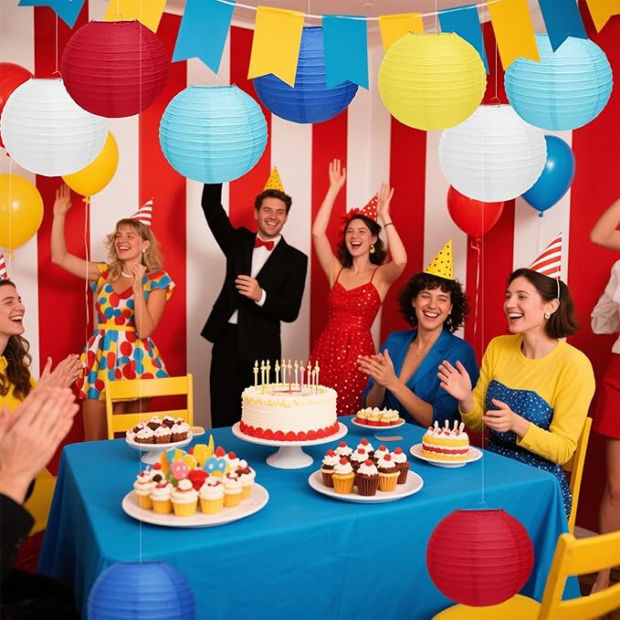 12 PCS Circus Theme Party Decorations, Red Yellow Blue Paper Lanterns, Summer Party Decorations for Beach Pool Hawaiian Carnival Circus Birthday Party Supplies