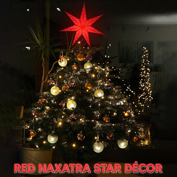 GalaxyArts 24-Inch Red Paper Star Lantern - 3D 7-Point Hanging Decoration for Christmas, Diwali, Party, Wedding - Handcrafted Foldable Lamp for Indoor & Outdoor Use - Boho Star Light (Medium)