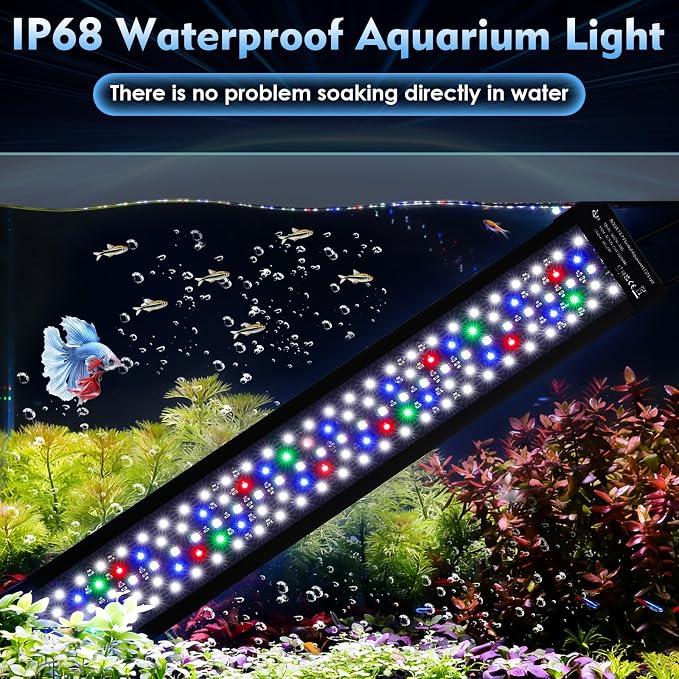 AQQA LED Aquarium Light, 24/7 Mode High Lumen Full Spectrum Fish Tank Light | DIY Mode, Adjustable Timer/Brightness, Extendable Bracket, Memory Function, IP68 Waterproof, Fits for 48–55 Inch Tanks