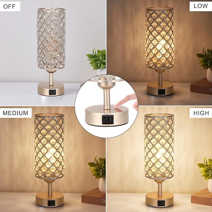 Crystal Table Lamp with USB C+A Ports, 3 Way Dimmable Touch Lamp with Crystal Shade, Champagne Gold Bedside Nightstand Small Lamp for Living Room Bedroom Home Office