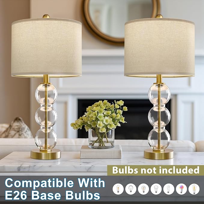25" Glass Table Lamps Set of 2, Gold Modern Table Lamps with USB Ports for Living Room, Linen Shade Bedside Lamps for Bedroom, Nightstand, Side Table (Bulbs not Included)