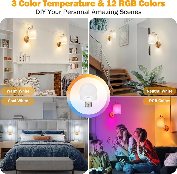 Battery Operated Wall Sconce Set of 2, Gold Wall Light Fixture | Rechargeable Wall Mount Light, Dimmbale Bulb & Remote, 12 RGB Colors & Timer, Wireless Wall Lamp Linen Shade, Bedroom Hallway