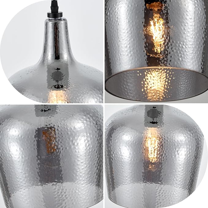 10” Large Hammered Glass Pendant Light Modern Smoky Black Dome Pendant Lighting Fixtures for Kitchen Island Dining Room Hallway, UL Listed