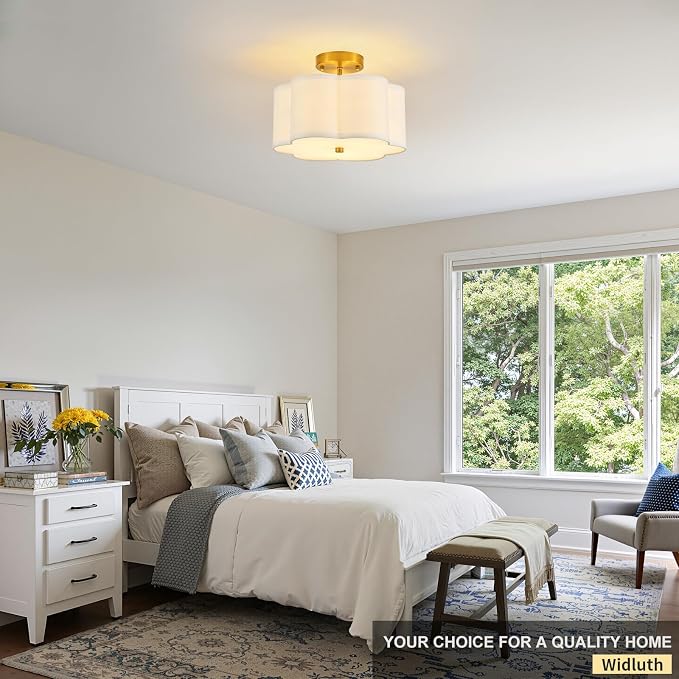 12.9" Gold Semi Flush Mount Ceiling Light, Linen 3-Light Fixture | White Linen Petal Shade, Modern Gold Style For Bedroom, Hallway,Dining, Bedroom,Laundry; Close-To-Ceiling, E26, Easy Install