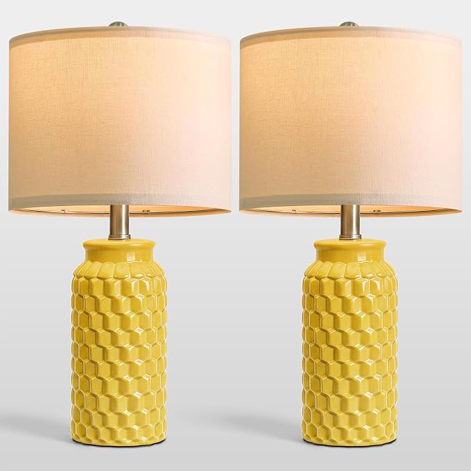 USumkky 20.5" Ceramic Table Lamps Set of 2 - Modern Farmhouse & Boho Style, Bedside Nightstand Lamps for Bedroom, Living Room End Table Lamps, Small Desk Lamp(Yellow)