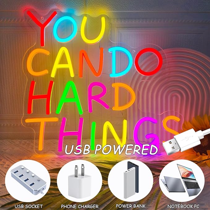 You Can Do Hard Things Neon Sign Inspirational Classroom Neon LED Light | Dimmable Kids Wall Art Neon Signs for Classroom Backdrop Library Office Bedroom Reading Room Birthday Party Decoration