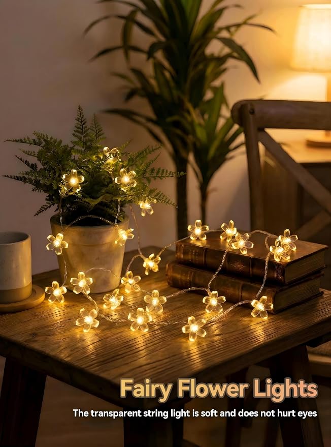 Flower Battery Operated Indoor String Lights 30L Cherry Blossom Fairy Light | Waterproof Outdoor Party Birthday Wedding Room Camping Graden Home Orange