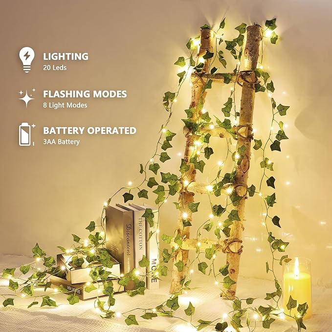 4 Pack Vines with Lights Battery Operated, 6.56ft 20 LED Vines with Fairy Light, Leaf Lights with 8 Modes, Fake Vines Ivy String Lights for Bedroom, Wall, Room, Garden, Party Decor
