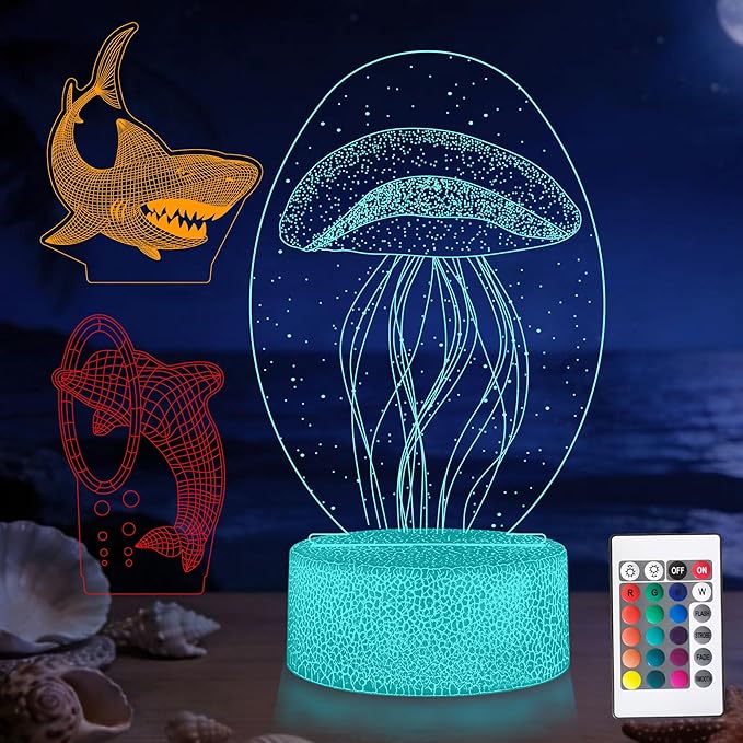 3D Jellyfish Night Light with Remote - 3 in 1 Ocean Acrylic Panels (Jellyfish, Dolphin, Shark), 16 RGB Colors ，4 Modes, USB/Battery(Not Included), Christmas Gift for Kids, Marine Theme Decor