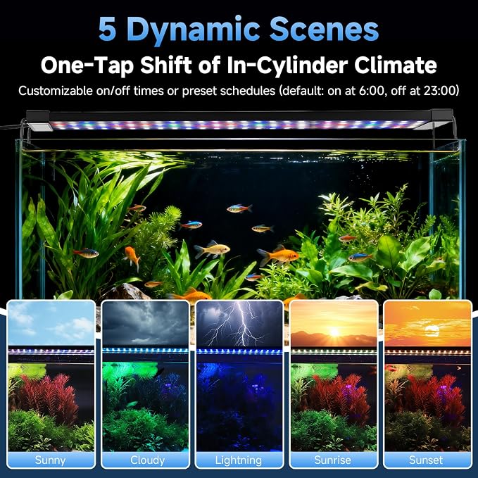 fishkeeper 24/7 Led Aquarium Light with Auto Time Sync, 12-18 Inch | Full Spectrum Aquarium Light with Auto On Off Timer, DIY 5 Weather Mode, 10 Colors, 10 Brightness for Plants, Memory Function