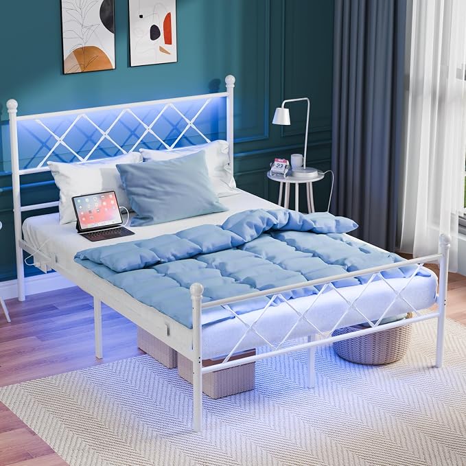 VINGLI Full Bed Frame with LED Lights & Charging Station, Metal Platform Bed Frame with Headboard, USB Ports, Under Bed Storage, Noise Free, No Box Spring Needed, Easy Assembly, White
