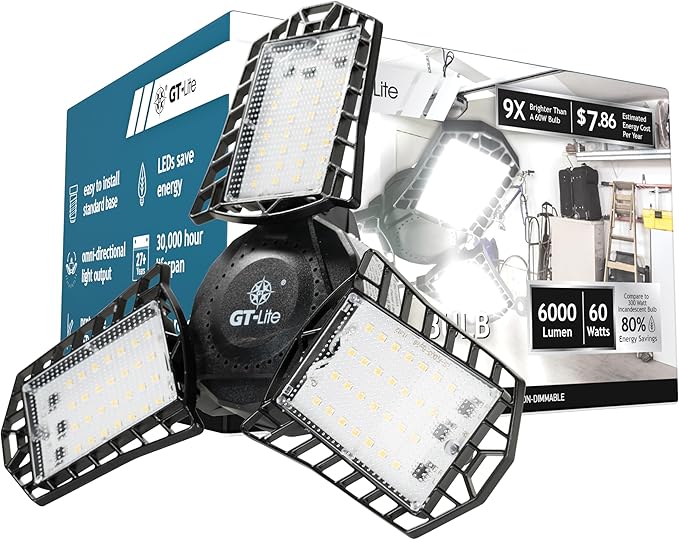 GT-Lite LED Garage Bulb, 60W (300W Equivalent), 6,000 Lumen, Daylight 5000K, E26 Base Energy Saving LED Light for Indoors Garage Workshop Warehouse