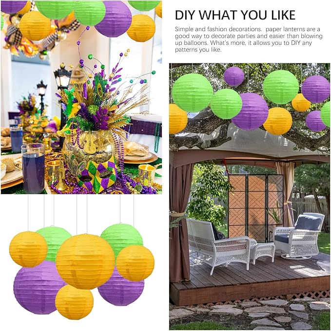20Pcs Yellow Purple Green Paper Lanterns for Parties, 6” 8” 10” 12” Chinese Asian Hanging Round Paper Lanterns for Birthday Wedding Halloween Christmas Home Decor Party Decor
