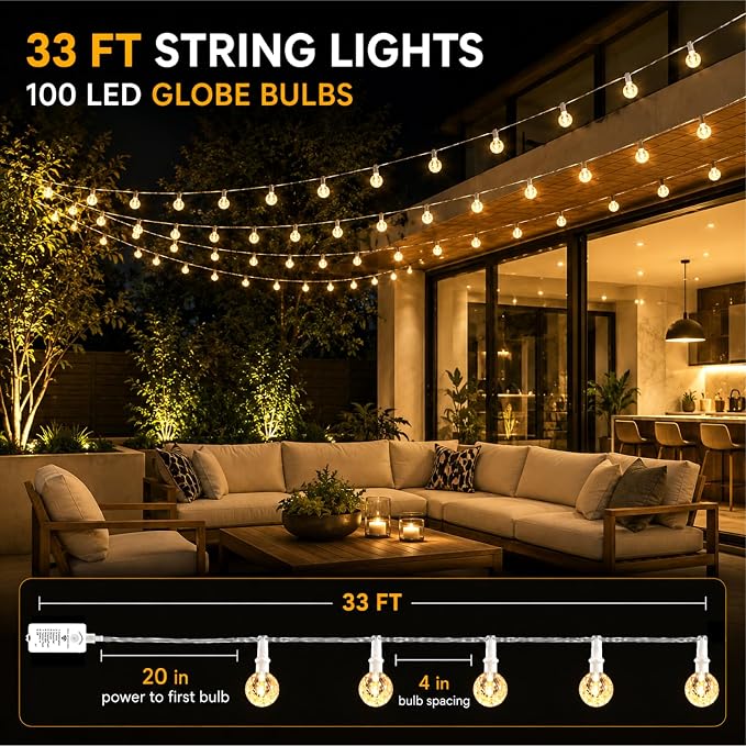 Crystal Globe String Lights 4000mAh Rechargeable Battery Operated | 33FT 100LED Outdoor Waterproof with Remote, Timer & 8 Modes,Fairy Lights for Yard Garden Patio Wedding Christmas (Warm White)