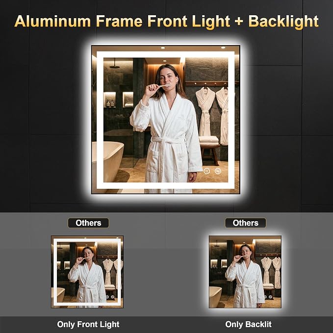LED Bathroom Mirror with Light, 30x30 Vanity Mirror for Wall with Frame | Anti-Fog, Dimmable 3 Colors, Memory Function, Backlit and Front Lit, Shatter-Proof Glass, Plug-in/Hardwired
