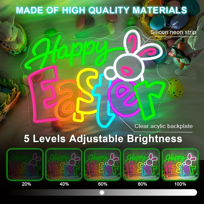 Happy Easter Neon Sign Bunny Neon Light Up Easter Decor Indoor for Home Living Room Windows Spring Decor LED Bunny Sign Rabbit Themed Gifts for Teens Families in Family Games