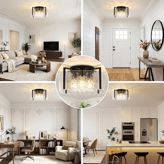 16" Semi-Flush Mount Ceiling Light, 4-Light Hammered Glass Drum Fixture | OYKYOHEI Indoor Lighting for Bedroom Hallway Entryway Kitchen Foyer Living Room Laundry Decor, Black Modern Dimmable E26