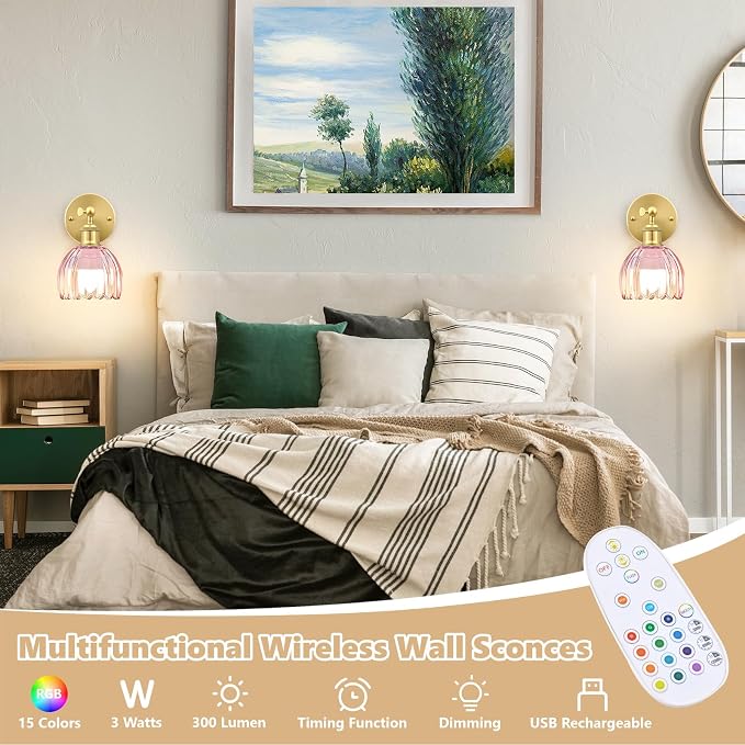 Vintage Battery Operated Wall Sconce, Pink Tulip Glass Lampshade Wireless Rechargeable Battery Powered LED Wall Light with Remote Dimmable for Bedside Bedroom Doorway Living Room, Set of 2