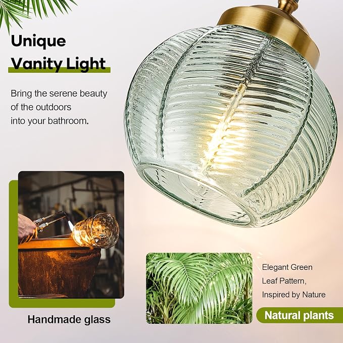 MOKATNG Bathroom Light Fixtures, 4-Light Green Vanity Lights with Unique Leaf Texture Glass Shade, Modern Matte Black and Gold Bathroom Wall Lamp for Mirror Hallway Cabinet Living Room