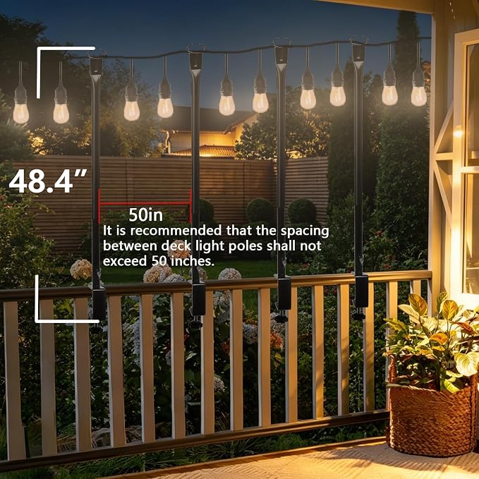 Patio Light Poles for String Lights, 4FT 8 Pack Deck Poles for String Lights with Fence-Friendly Clamps, String Light Poles for Deck Railing Clamp Mount, Metal Hanging Posts for Backyard Garden Bistro